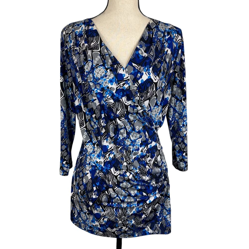 Christopher & Banks Medium Tunic Top Abstract 3/4 Sleeves Ruched Front V-Neck